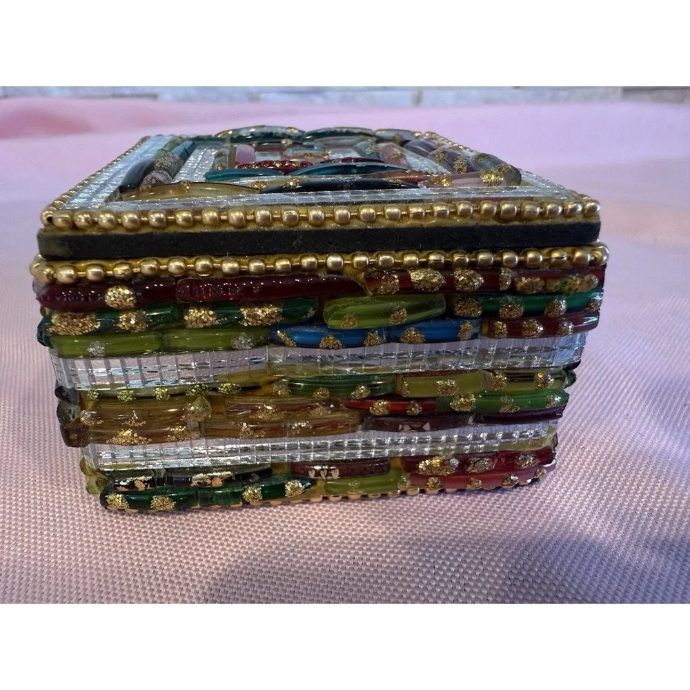 Stone Beaded Mirrored Trinket Box with Lid Vintage Made in India